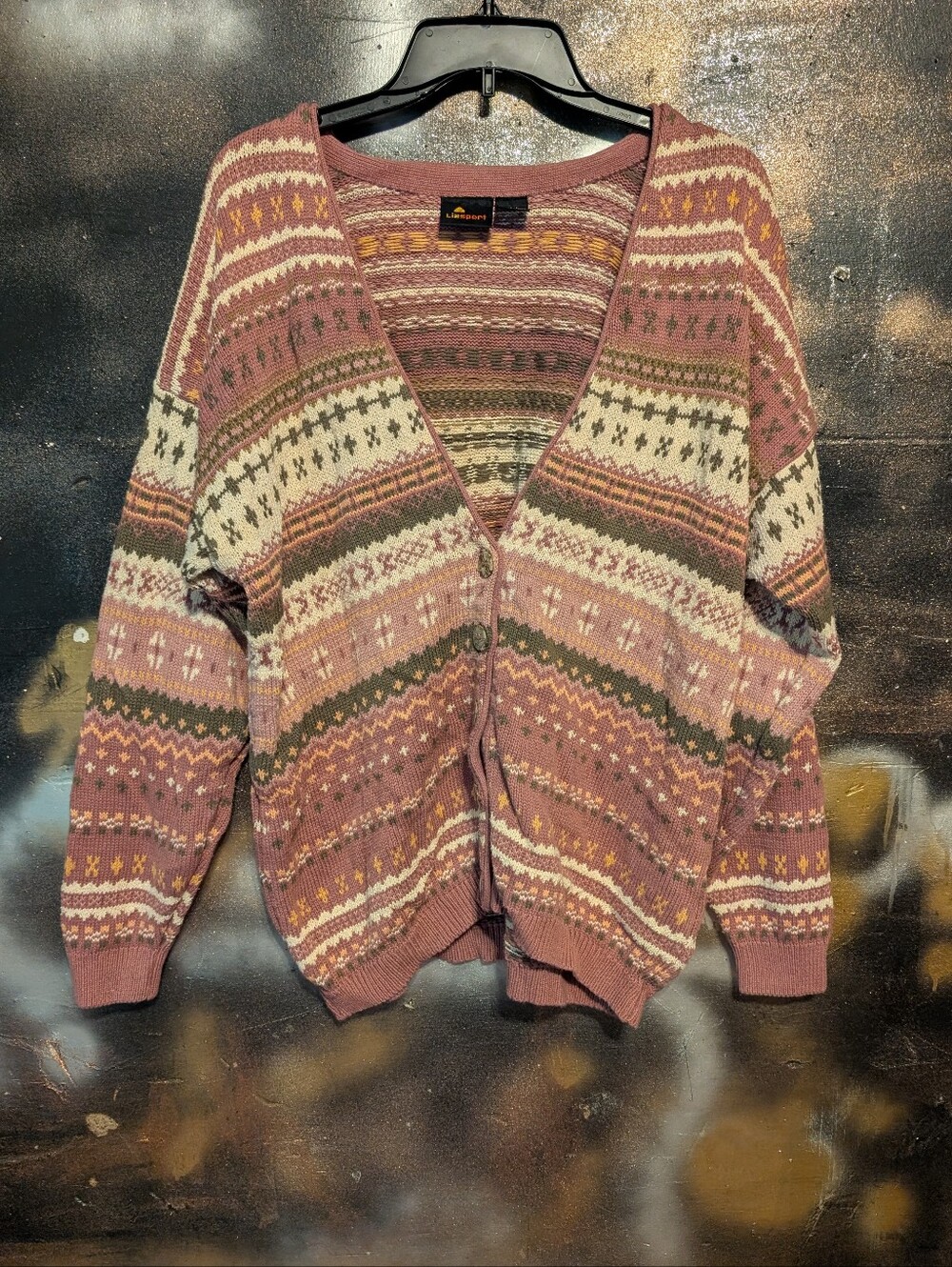 Vintage Lizsport Fair Isle Grandpa Cardigan Sweater Dusty Mauve Boho Cottagecore